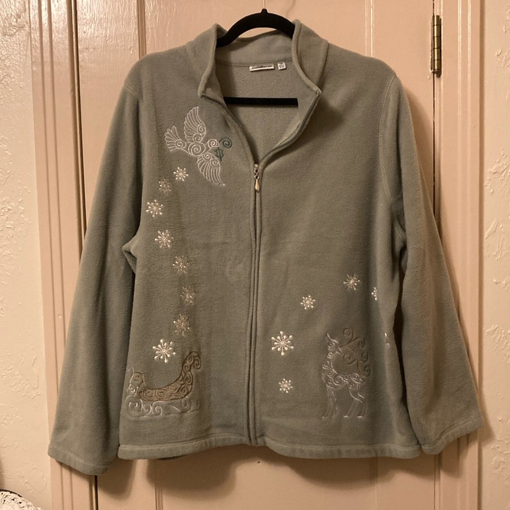 Croft&Barrow 1X Fleece Full Zip Christmas! Light Green Embroidered Reindeer